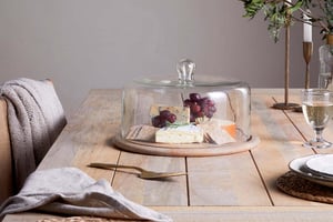 nkuku Recycled Glass Cake Dome | Serveware | One Size | Clear Glass & Mango Wood