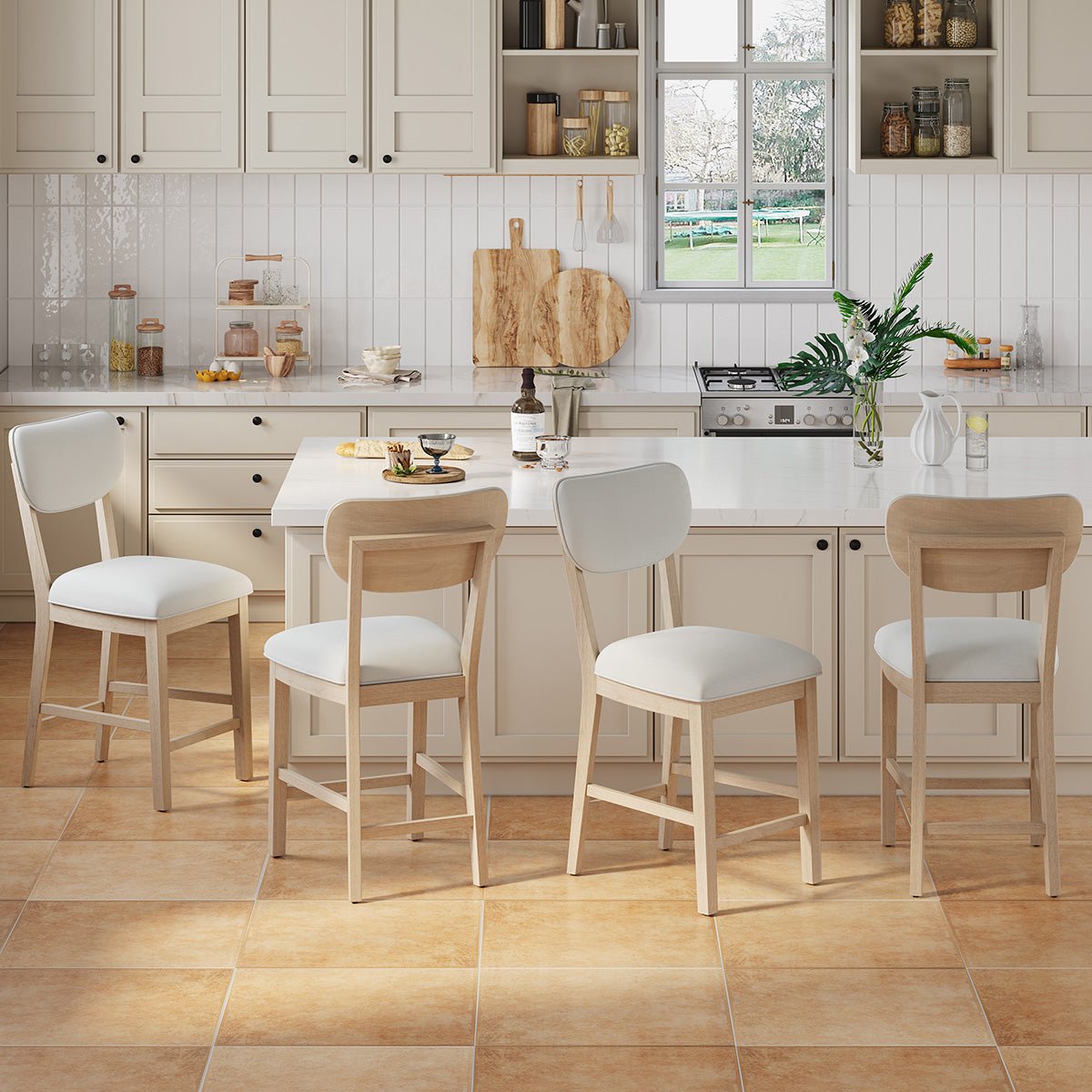 COLAMY AUREL Upholstered Bar Stool - Natural / Set of 4