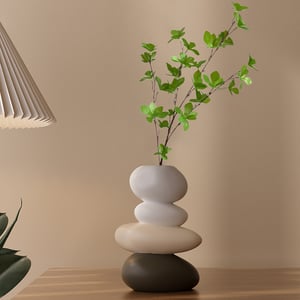 Resin Stacked Stone Base Vase with Artificial Tree Multicolor Faux Plastic Indoor Plant Decor Art