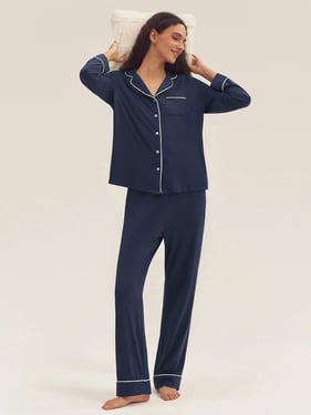 Long Sleeve Bamboo Pajama Set ADELINE - Navy Blue / Sets / S