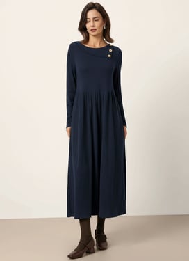 Wool Layered Neck Pleated Maxi Dress BILLIE - Navy Blue / XXL