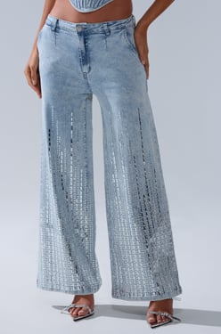 AKIRA Mila Embellished Flare Pants In Denim | Light Blue | Size 1X