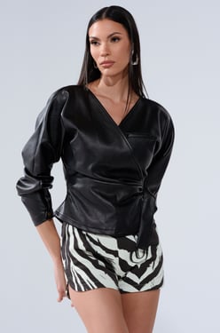AKIRA Easy Enough Faux Leather Tie Front Blouse | Black | Size 1X/2X