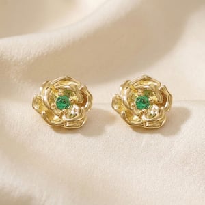 Emerald May Birthstone Hawthorn Birthflower Gold Plated Stud Earrings
