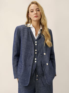 Tencel Linen Reversible Denim Texture V Neck Jacket ELLIE - Indigo Denim / XXL