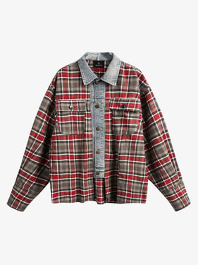Vintage Plaid Patchwork Denim Panel Shirt - Red / XL