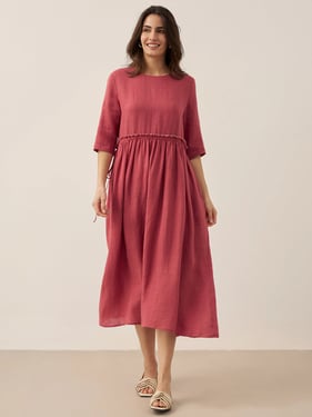 100% Linen Petal-Waist Drawstring Midi Dress JASMINE - Blush Red / XXL