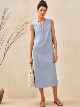 100% Linen Sleeveless Straight High Slit Maxi Dress TAYLOR - Light Blue / XXL