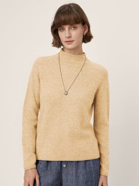 Premium Cashmere Blend Hand-Finished Seamless Mock Neck Lettuce Edge Sweater ZELIE - Khaki / XXL