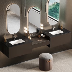 85" Modern Floating Bathroom Vanity Set with Double Sinks & Makeup Table Walnut