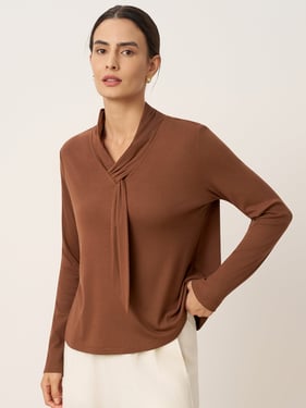 Wool Scarf Collar Long Sleeve Top ALESSIA - Mocha Taupe / XXL