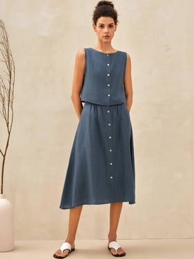 100% Linen Button Decorate Vest Naxi Skirts Set LUCIA - HARBOUR BLUE / XXL