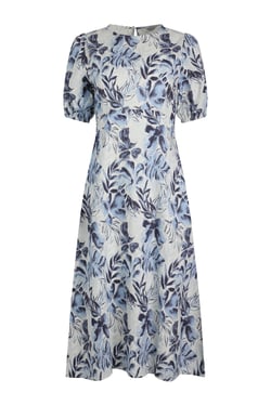 Weird Fish Delanie Linen Rich Printed Tea Dress Estate blue Size 8