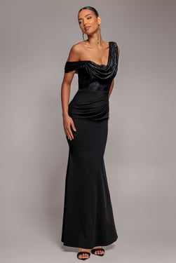 Goddiva Lace Cowl One Shoulder Scuba Crepe Maxi Dress - Black