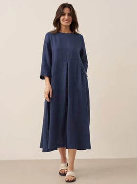 100% Linen Bateau Neck Pleated Maxi Dress ABIGAIL - Navy Blue / XXL