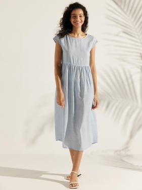 100% Linen Cap Sleeve Washed Maxi Dress JOAN - Small Ice Blue Strip / XXXL