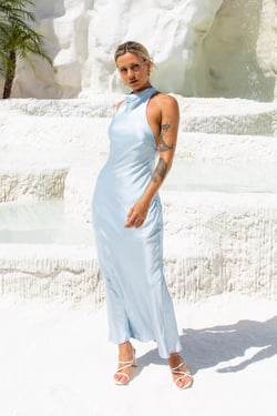 Enchanted Daybreak Halter Satin Maxi Dress Blue