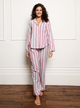 Womens Textured Twill Traditional Pyjamas Burgundy Blue Wide Stripe - 3XL / 22-24 / Burgundy