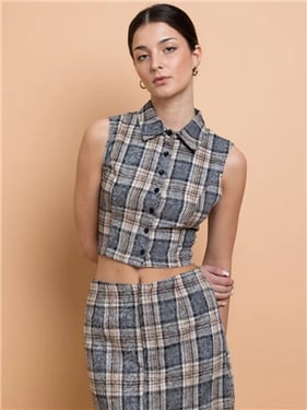 Daisy Street Sleeveless Fitted Shirt - Grey Check - 14