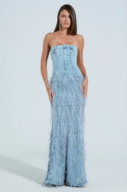 AKIRA Brittany Feather Denim Maxi Dress | Size 1X