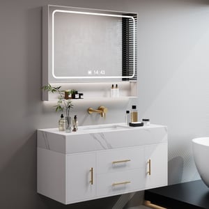 39.4" Floating Bathroom Vanity Wall Mounted Cultured Marble White Bathroom Cabinet with Sink