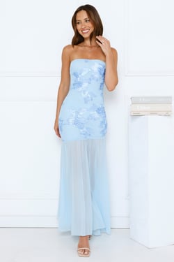 Timeless Affair Strapless mesh Maxi Dress Blue