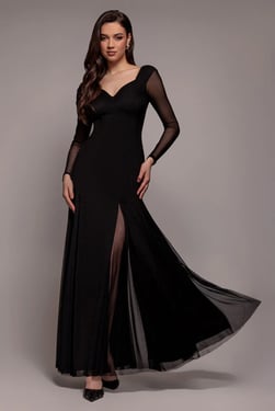 Goddiva Dobby Mesh Insert Long Sleeve A-Line Maxi Dress - Black