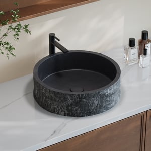 Black Concrete Vessel Sink 15.7'' Modern Stone-Textured Round Bathroom Sink