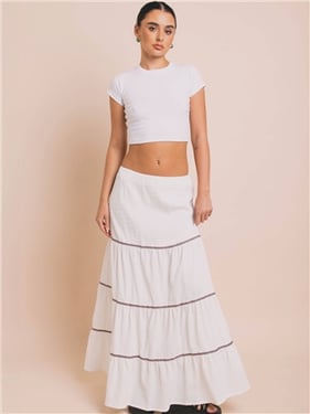 Daisy Street Crinkle Tiered Embroidered  Maxi Skirt - White - 14
