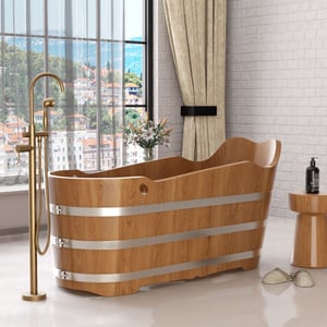 59" Japanese Oak Wood Soaking Bathtub Freestanding Modern Natural Bathtub