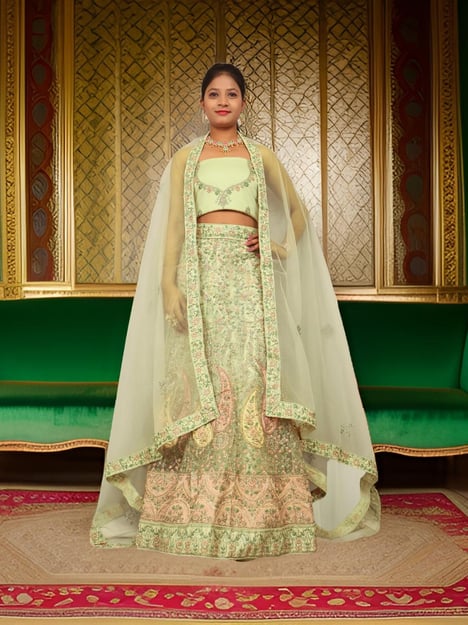 Semi-Stitched Lehenga with Embroidery & Zari Thread Work by Shreekama