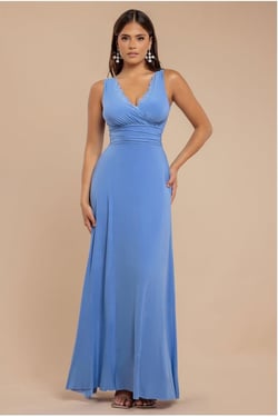 Goddiva Diamante & Scalloped Lace Neck Maxi Dress - Cornflower Blue