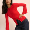 Red Ribbed Flared Sleeve Cardigan