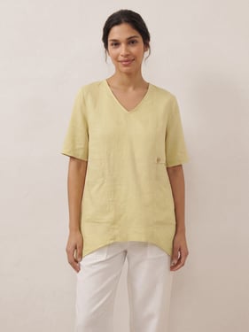100% Linen Asymmetric Hem Long Top ISLA - Lime Yellow / XXL