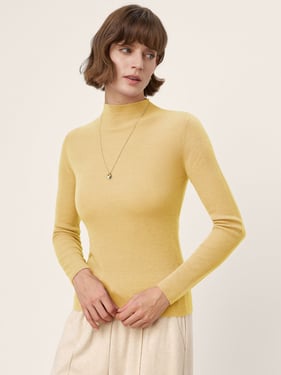 100% Extra-Fine Merino Wool Mock Neck Knit Sweater TIA - Lime Yellow / L