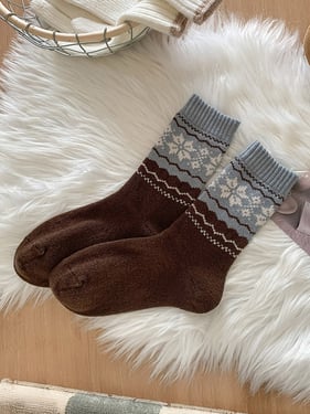 Wool Fair Isle Ethnic Jacquard Thick Slouch Mid-Calf Socks - Coffee / One Size