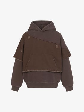 Distressed Patchwork Raw-Edge Layered-Hem Fleece Hoodie - Coffee / XL