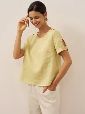 100% Linen Eyelet Short Sleeve Pullover Top ADA - Lime Yellow / XXL