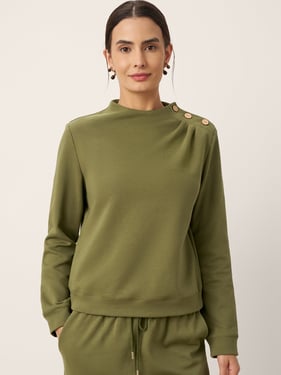 Cotton Shoulder Button Long Sleeve Top MYRA - Olive / XXL