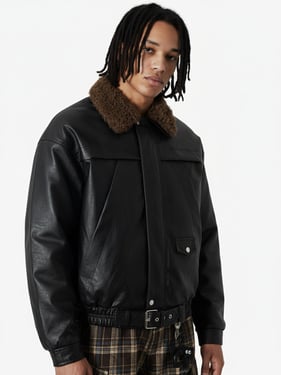 Vintage Detachable Fur Collar Quilted Leather Jacket - 2523 - Black / XXL
