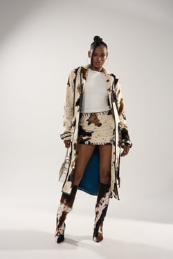 AKIRA Ride Em Cow Print Trench Coat | Brown | Size Small