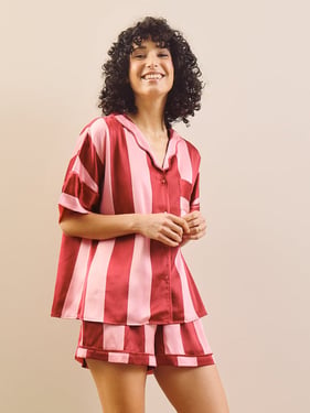 Womens Satin Oversize Shortie Pyjamas Pink Stripe - 3XL / 22-24 / Pink