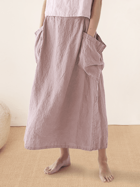 Linen Checked Elastic Waist Skirt ONYX - Pastel Pink / XXL