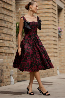Goddiva Jacquard Multiway Bow Strap Skater Midi Dress - Black