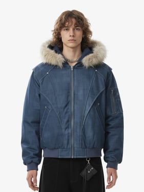 Washed Patchwork Contrast Bomber Jacket - Sapphire Blue / XL