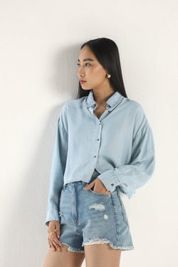 Crop it Like its Hot Shirt in Blue Denim - Striped Denim / S