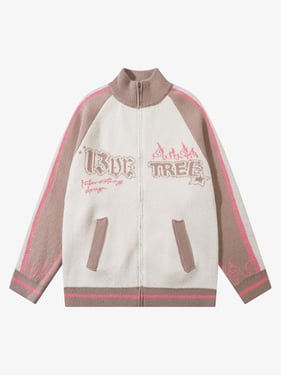 Thesupermade Contrast Color Jacquard Mock Neck Zipper Sweater - Pink / XL