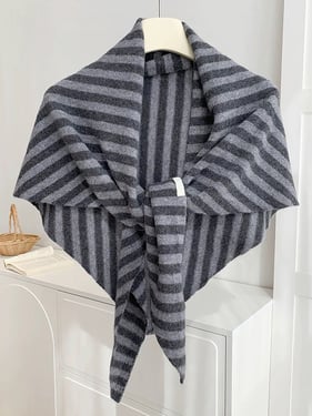 100% Australian Wool Hand-Knit Shawl Scarf - Grey Stripe / One Size