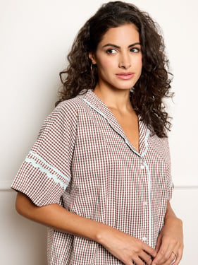 Womens Gingham Oversize Pyjamas Chocolate Check With Blue Contrast Ric Rac Trim - 3XL / 22-24 / Brown