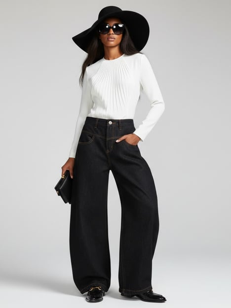 Black Wide-Leg Denim Jeans with Contrast Stitching • BYMANYC ® New York